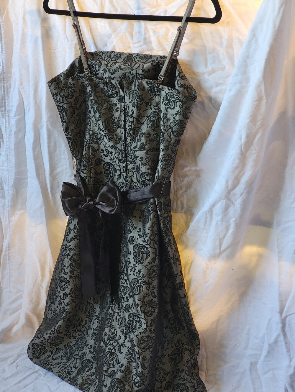 Strapless RW & Co. Brocade A-Line Party Dress with Satin Bow - Taupe & Black - Picture 4 of 13